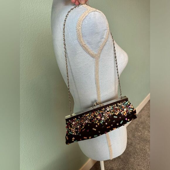 Vintage Brown Beaded Y2K Small Formal Shoulder Bag - Picture 1 of 6